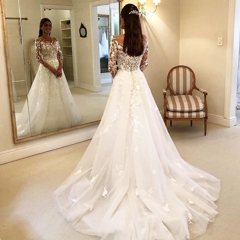 BMbridal Long Sleeves Tulle Wedding Dress With Lace Appliques-BMbridal