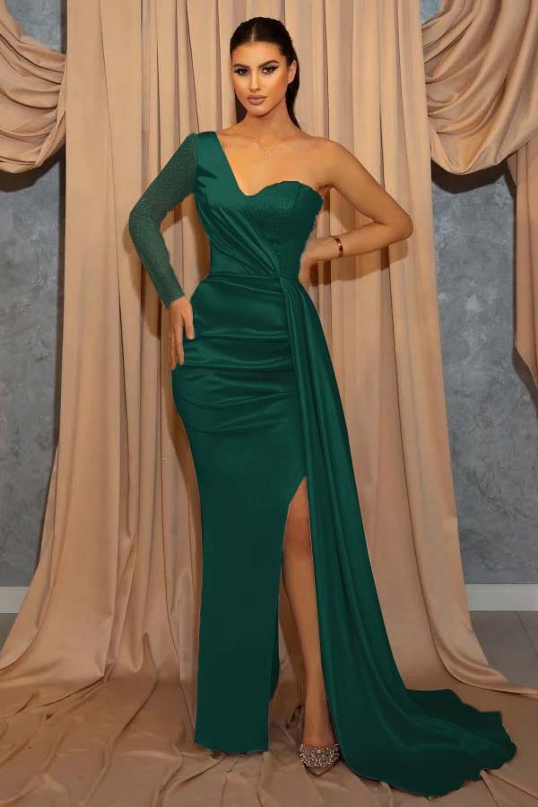 One Shoulder Long Sleeve Sweetheart Sequins Sky Blue Mermaid Prom Dress With Split