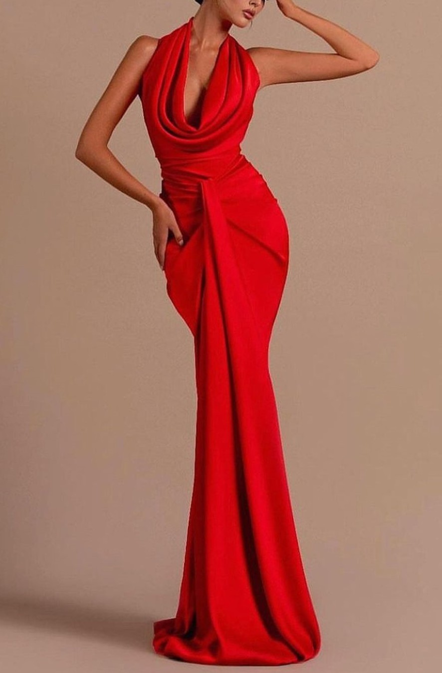 Bmbridal Red Halter V-Neck Prom Dress Mermaid Sleeveless Long