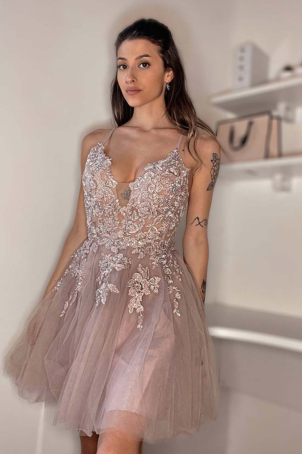 Blush A-Line Tulle Short Homecoming Dress with Appliques-BMbridal