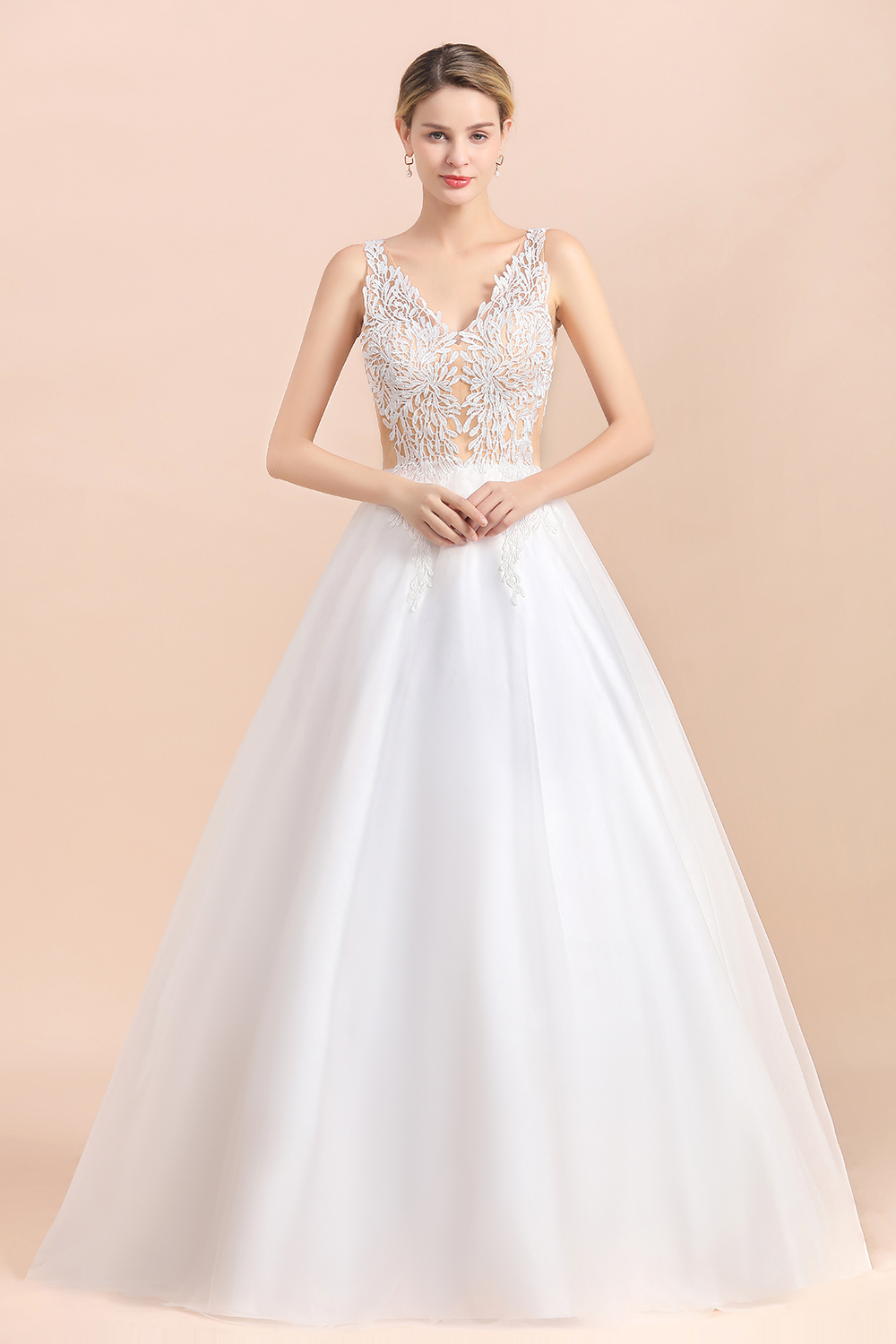 BMbridal Boho V-Neck Lace Wedding Dress Tulle Appliques Sleeveless Bridal Gowns On Sale-BMbridal
