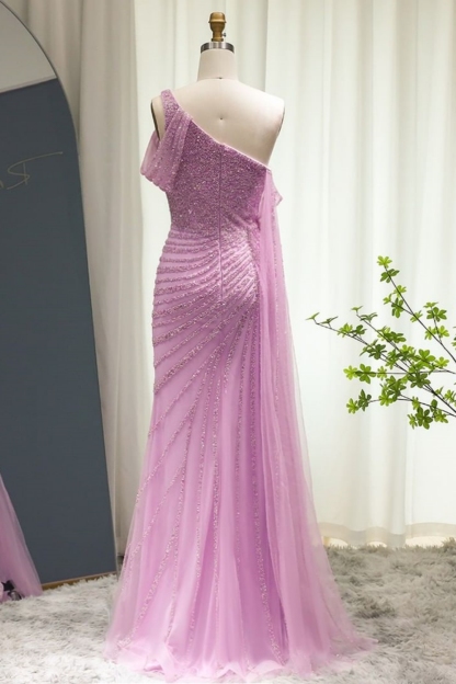 Bmbridal Split Front A-Line Lilac One Shoulder Floor-Length Prom Dresses with Ruffles