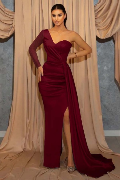 One Shoulder Long Sleeve Sweetheart Sequins Sky Blue Mermaid Prom Dress With Split