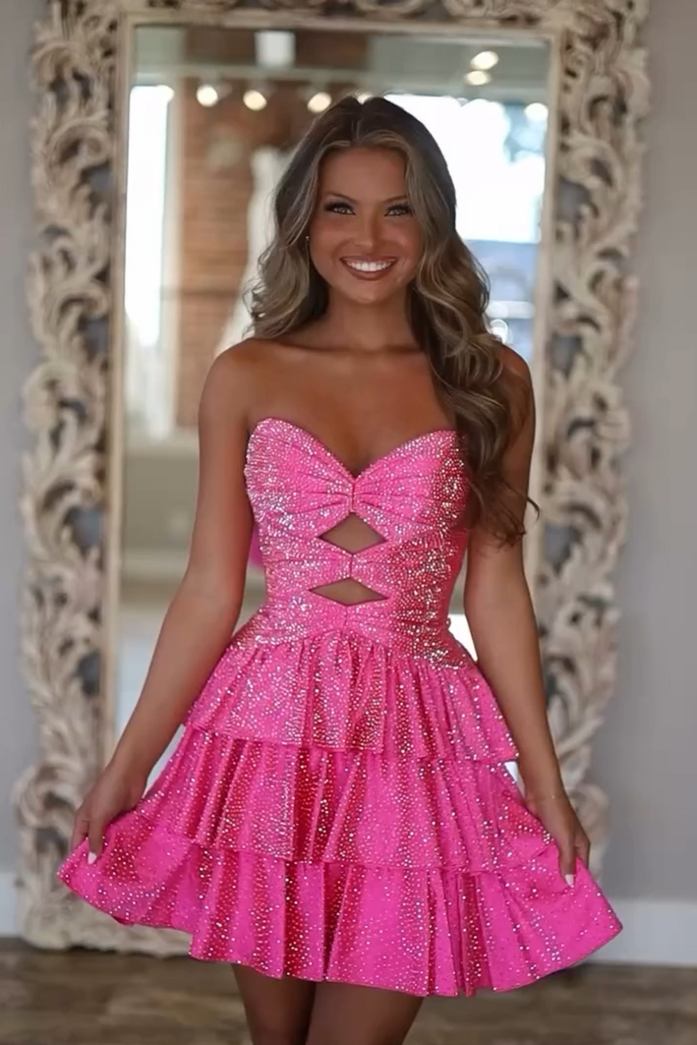 Sparkly Royal Blue Satin Cut Out A Line Tiered Short Homecoming Dress with Beading