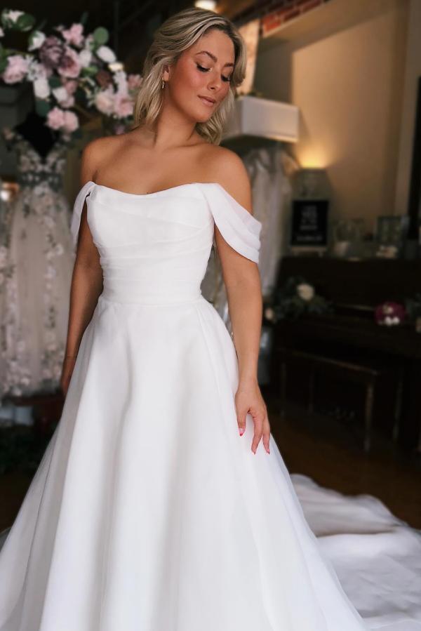 Bmbridal Satin Wedding Dress Off-the-Shoulder Slit Long-BMbridal