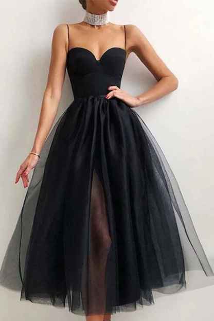 Black Tulle A-line Midi Simple Prom Dress