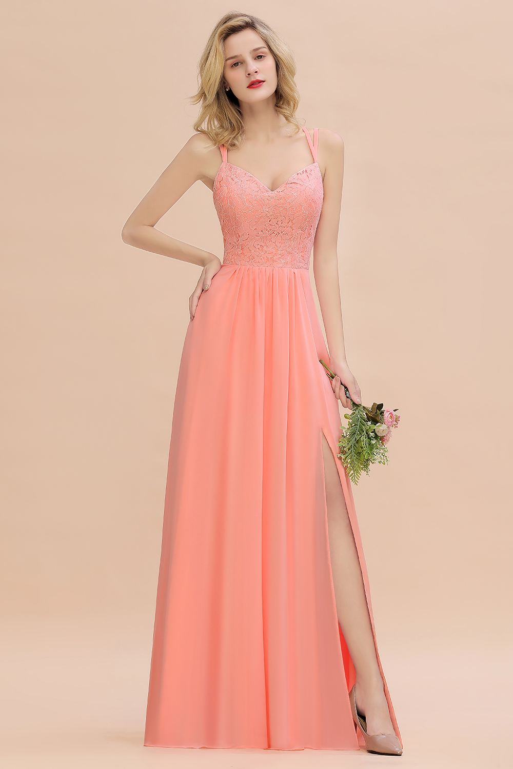 BMbridal Spaghetti-Straps Coral Lace Bridesmaid Dresses with Slit-BMbridal