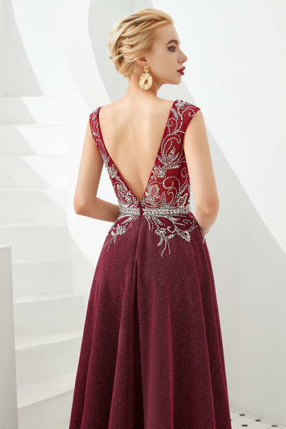 BMbridal Shinning Bugrundy Crystal  Prom Dress Long V-Neck Sleeveless Evening Gowns