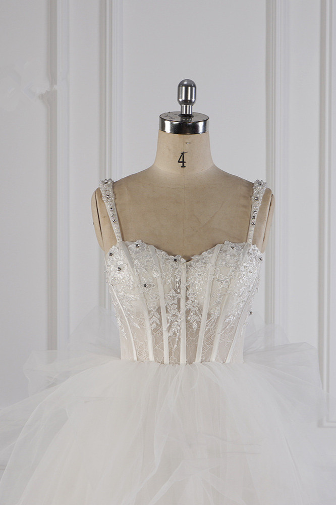 BMbridal Elegant Straps Tulle Lace Wedding Dress Sweetheart Appliques Beadings Bridal Gowns with Ruffles On Sale-BMbridal