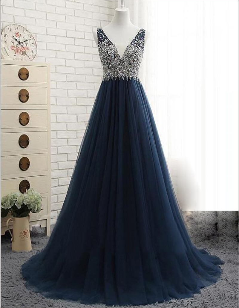 BMbridal Affordable Dark Navy Tulle V-Neck Prom Dresses Ruffle Appliques beadings Party Dresses On Sale-BMbridal