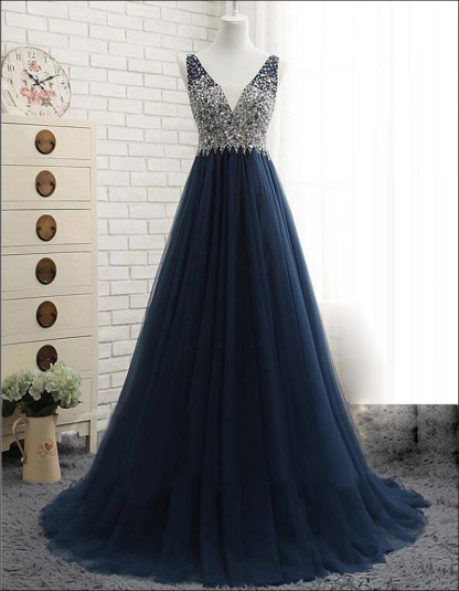 BMbridal Affordable Dark Navy Tulle V-Neck Prom Dresses Ruffle Appliques beadings Party Dresses On Sale-BMbridal