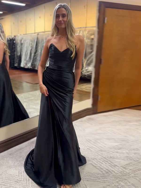 Black Mermaid Strapless V-neck Satin Ruched Sheath Long Prom Dress with Slit