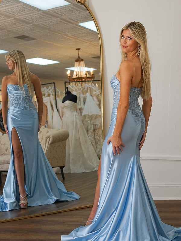 Light Blue Mermaid Strapless Applique Sweep Train Prom Dress with Slit