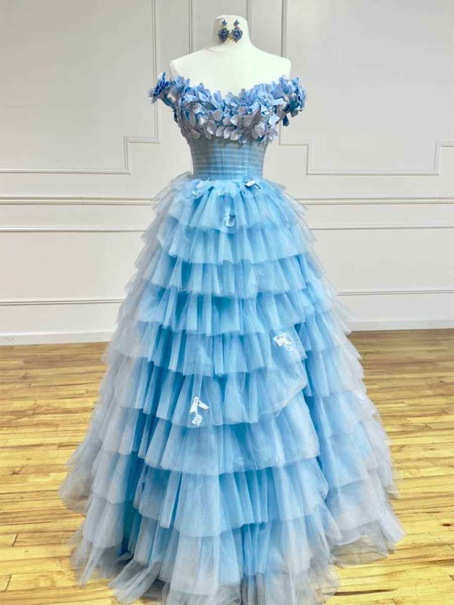 3D Floral Lace Off-the-Shoulder Ruffle Tiered Prom Dress