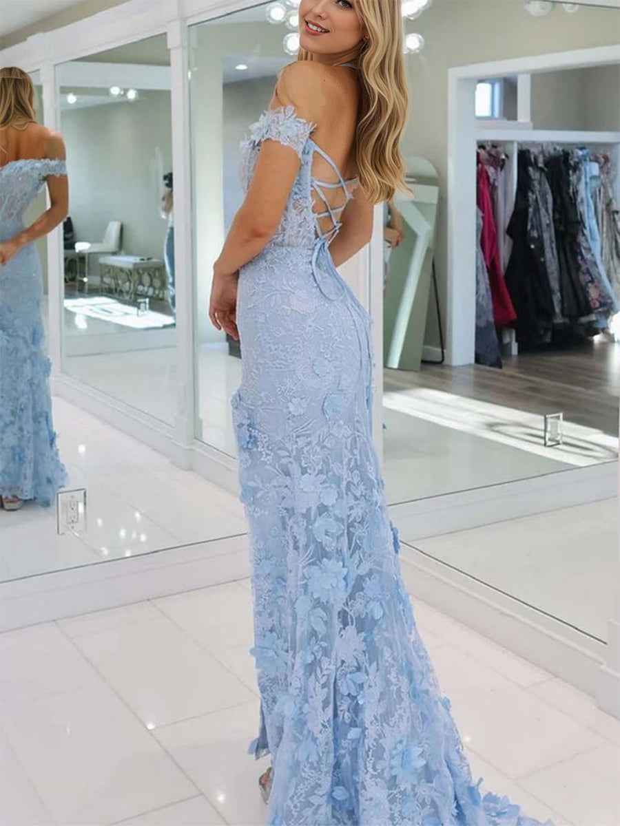 3D Floral Lace Off the Shoulder Corset Long Prom Dress with Slit
