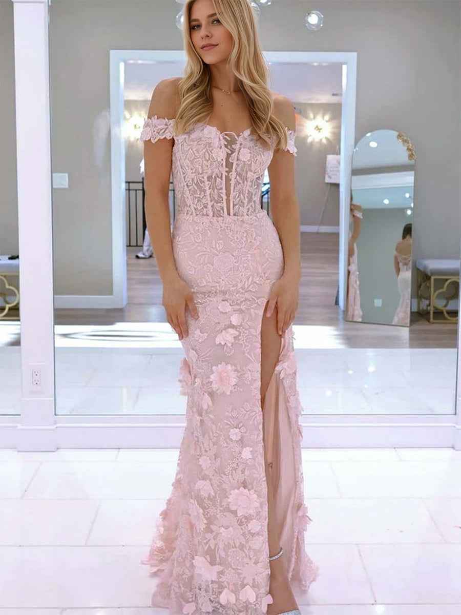 3D Floral Lace Off the Shoulder Corset Long Prom Dress with Slit