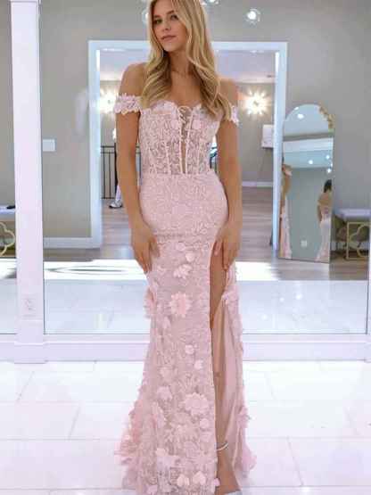 3D Floral Lace Off the Shoulder Corset Long Prom Dress with Slit