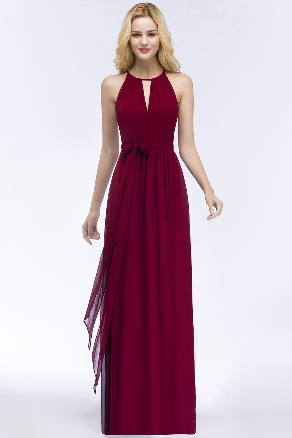 BMbridal Gorgeous Chiffon Halter Deep V-Neck Burgundy Bridesmaid Dresses Affordable-BMbridal