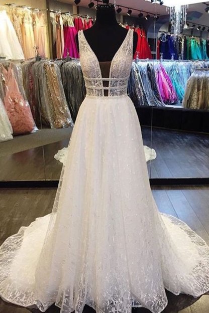 BMbridal Designer V-Neck Sleeveless Lace Wedding Dress Long Bridal Gowns