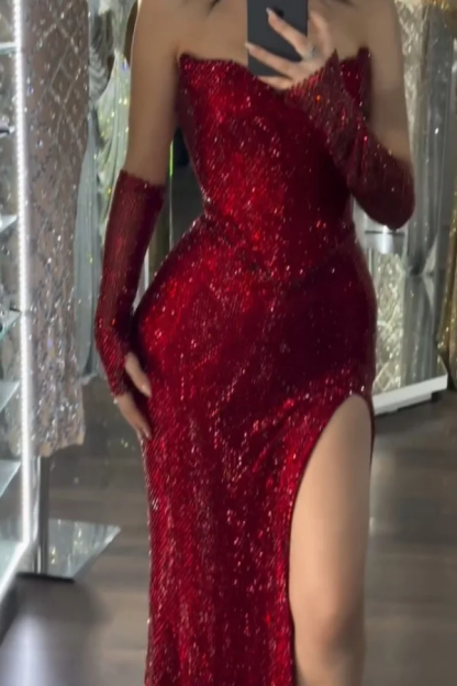 Sequin Strapless Long Mermaid Prom Dress With Split Detachable sleeves