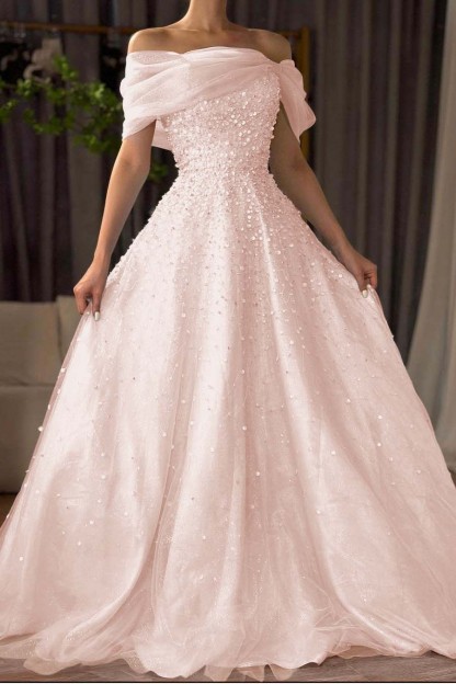 Off the Shoulder Sleeveless Long Prom Dress With Beading Tulle