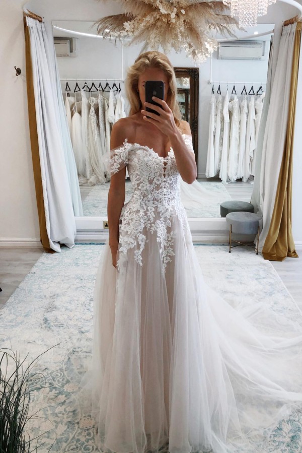 Bmbridal Off-the-Shoulder Champagne Wedding Dress Tulle With Lace Appliques-BMbridal