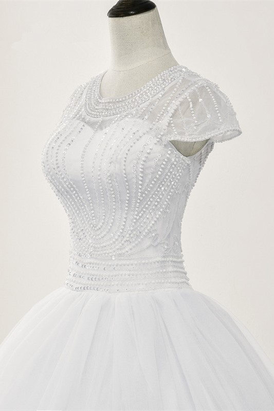 BMbridal Chic Ball Gown Jewel White Tulle Lace Wedding Dress Short Sleeves Rhinestones Bridal Gowns Online-BMbridal