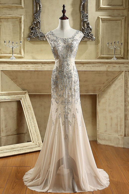 BMbridal Sexy Jewel Sleeveless Sheer Skirt Prom Dresses Champagne Mermaid Appliques Beadings Evening Dresses-BMbridal