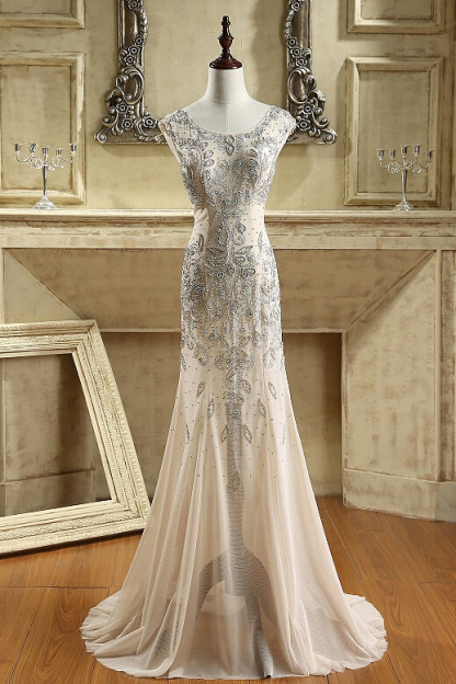 BMbridal Sexy Jewel Sleeveless Sheer Skirt Prom Dresses Champagne Mermaid Appliques Beadings Evening Dresses-BMbridal