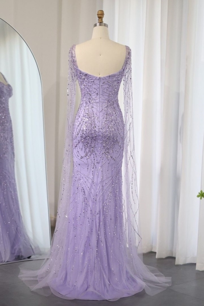 Bmbridal Lilac Tulle Square Column Sleeveless Floor-Length Prom Dresses with Lace