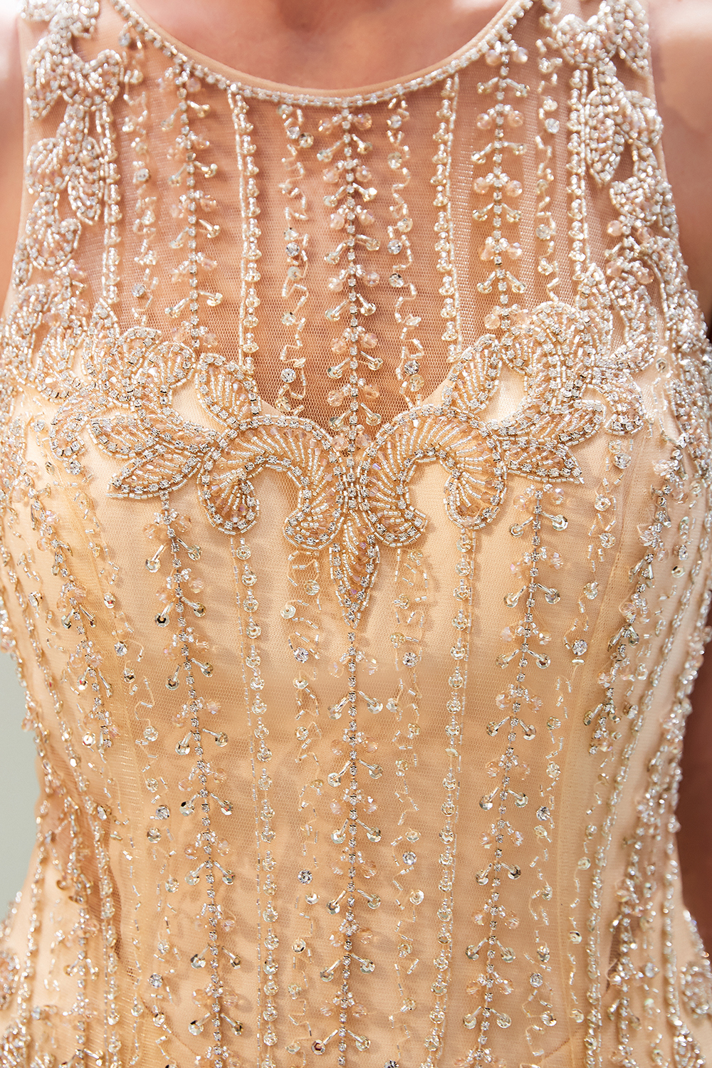BMbridal GOrgeous Jewel Gold Mermaid Prom Dresses Sleeveless Evening Dresses with Rhinestones