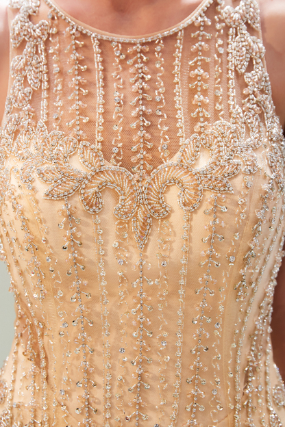 BMbridal GOrgeous Jewel Gold Mermaid Prom Dresses Sleeveless Evening Dresses with Rhinestones