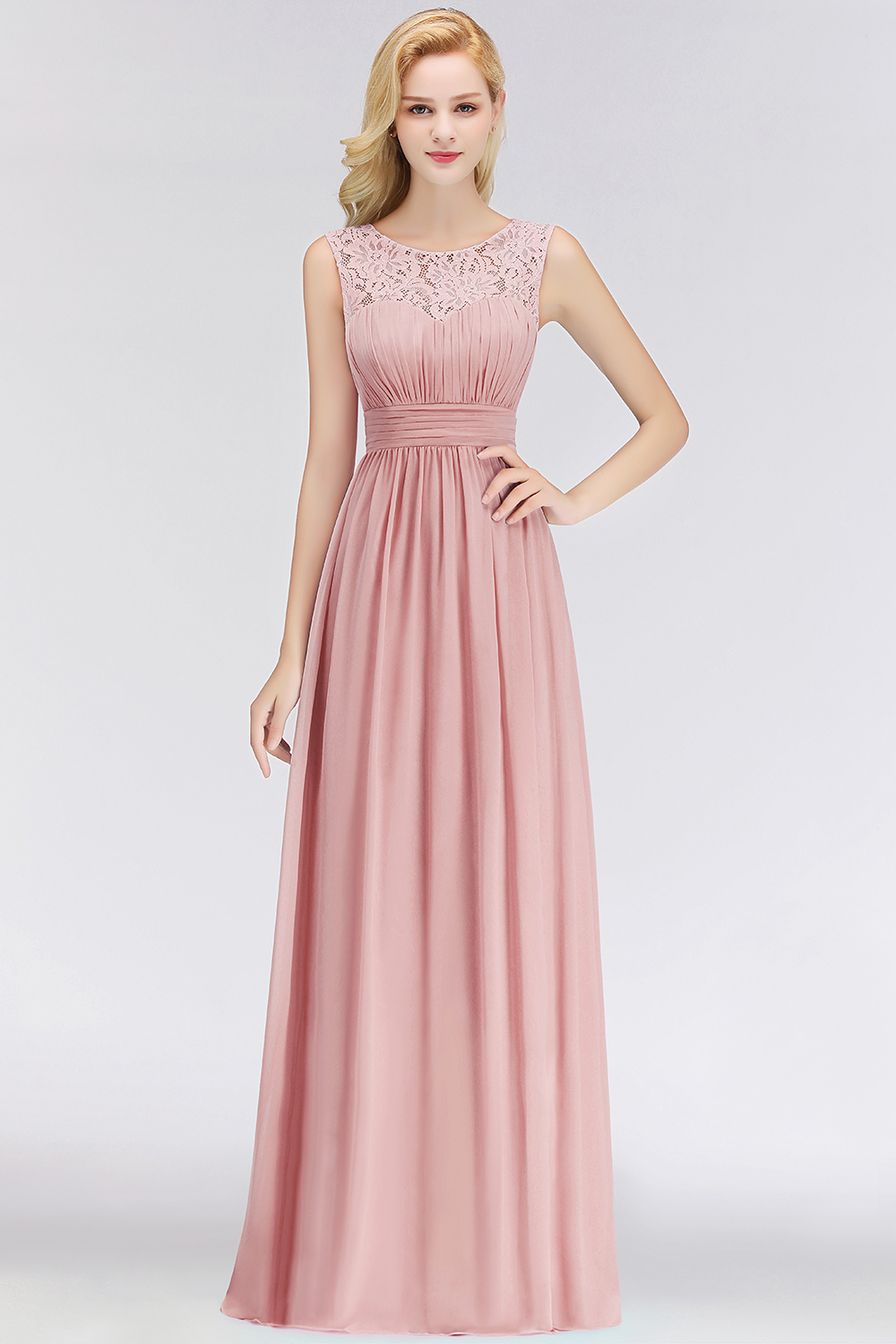 BMbridal Elegant Lace Scoop Bridesmaid Dress Dusty Rose Chiffon Sleeveless Wedding party Dress-BMbridal