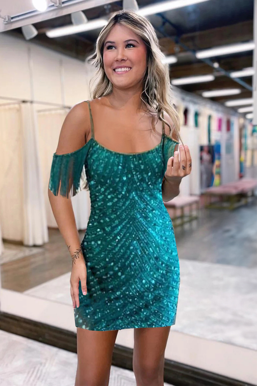 Sparkly Turquoise Tight Sequins Short Homecoming Dress with Fringes-BMbridal