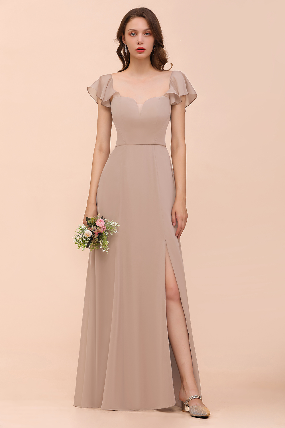 BMbridal Elegant Chiffon Slit Affordable Bridesmaid Dresses with Short Sleeves-BMbridal