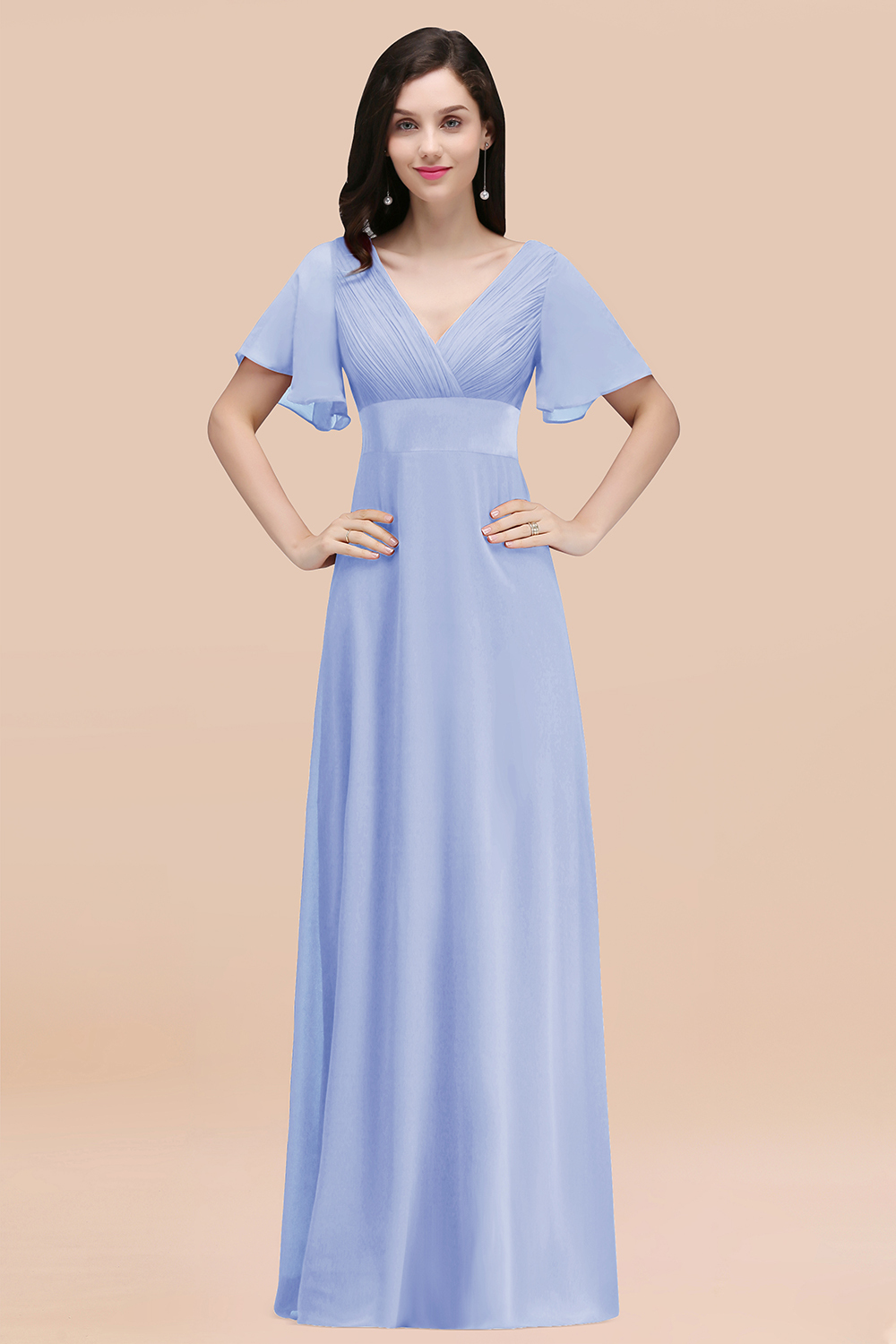 BMbridal Affordable V-Neck Ruffle Long Burgundy Bridesmaid Dress With Short-Sleeves-BMbridal