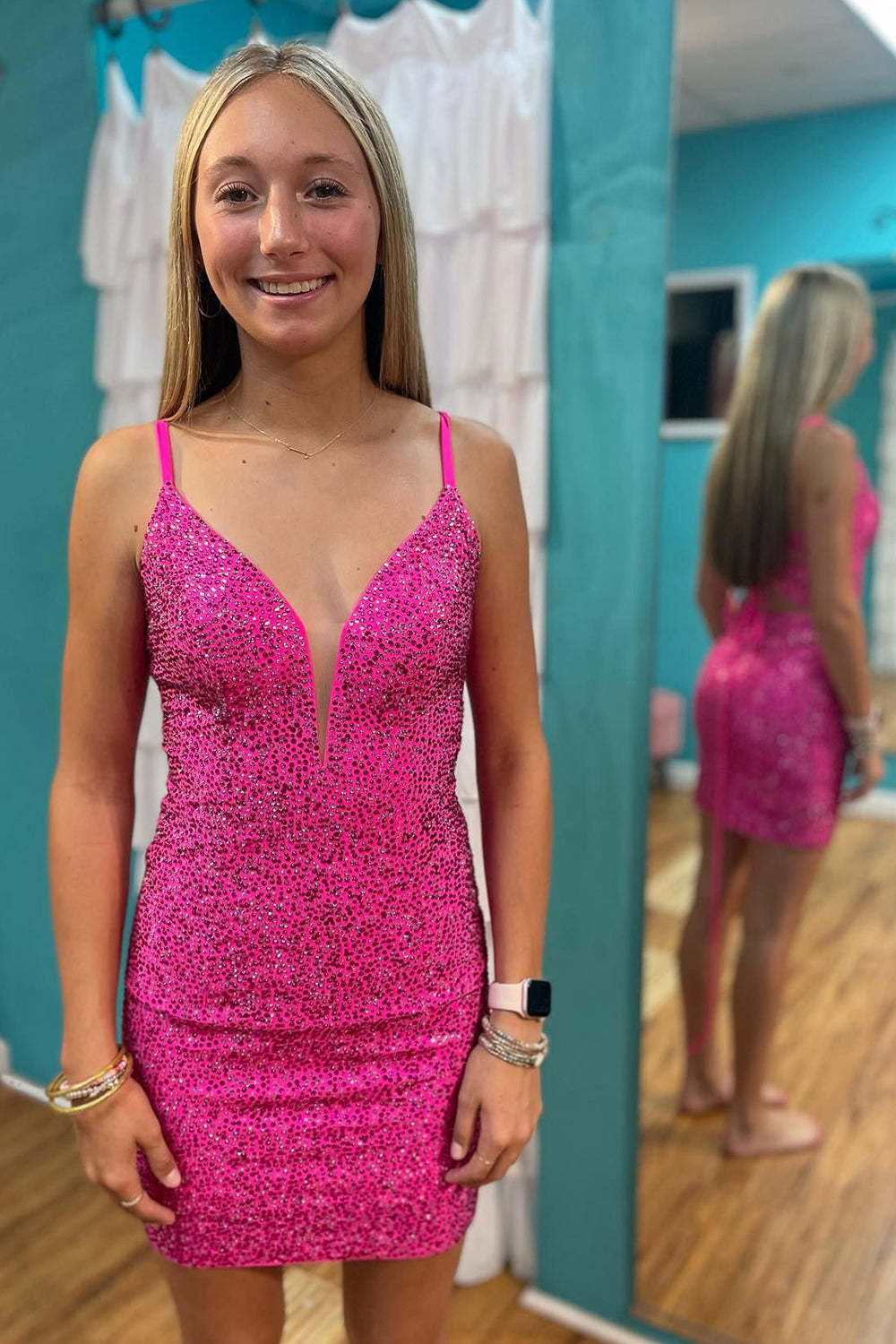 Sparkly Fuchsia Sequins Lace-Up Back Tight Short Homecoming Dress