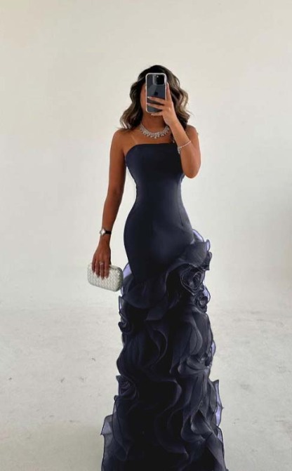 Strapless Sleeveless Long Mermaid Prom Dress With Tulle Ruffles