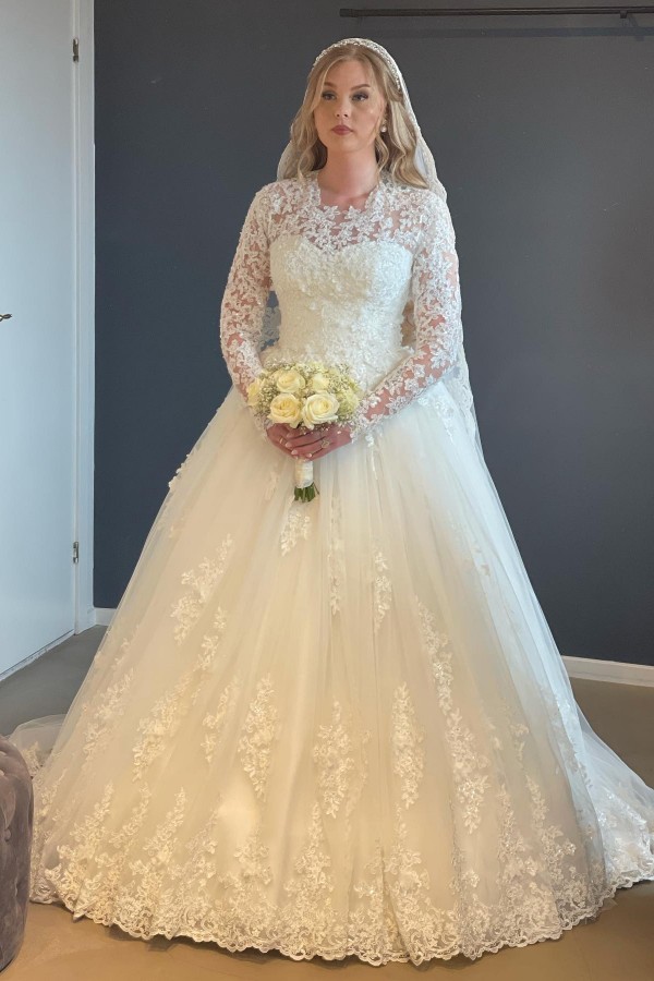 Bmbridal Long Sleeves Princess Wedding Dress With Lace Appliques High Neck-BMbridal