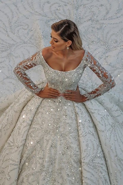 Stunning Satin Off-the-Shoulder Backless Long Ball Gown Wedding Dress with Crystal Sequins