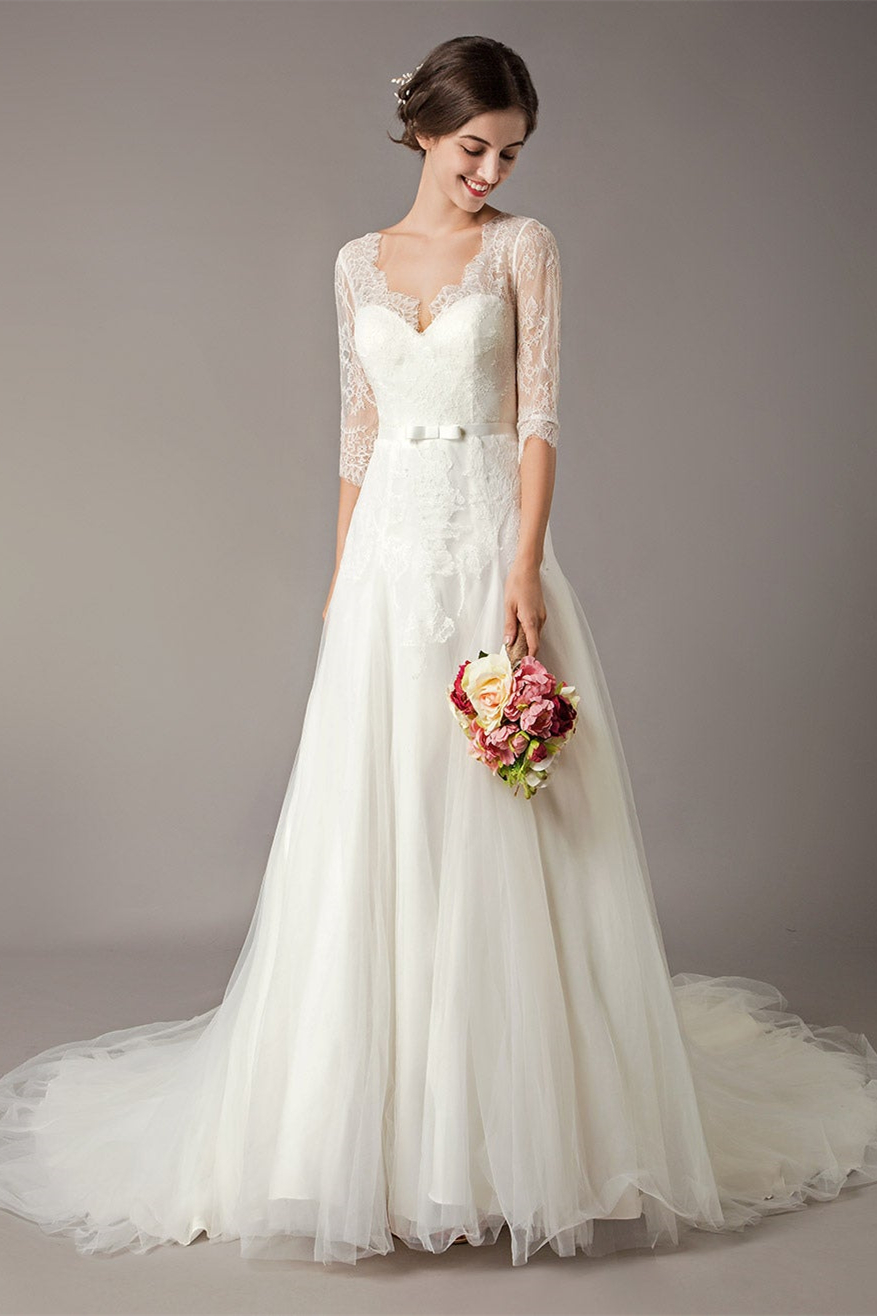 Lace Beach Half-Sleeves Wedding Dress