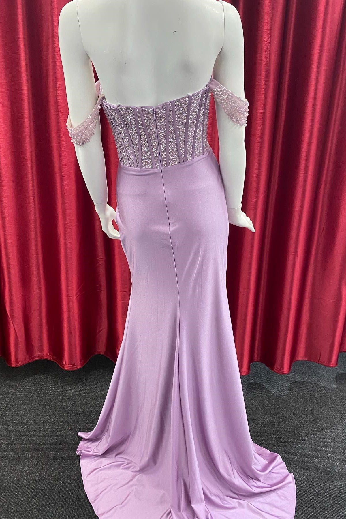 Amazing Navy Blue Off-the-Shoulder Prom Dress Slit Long With Beadings