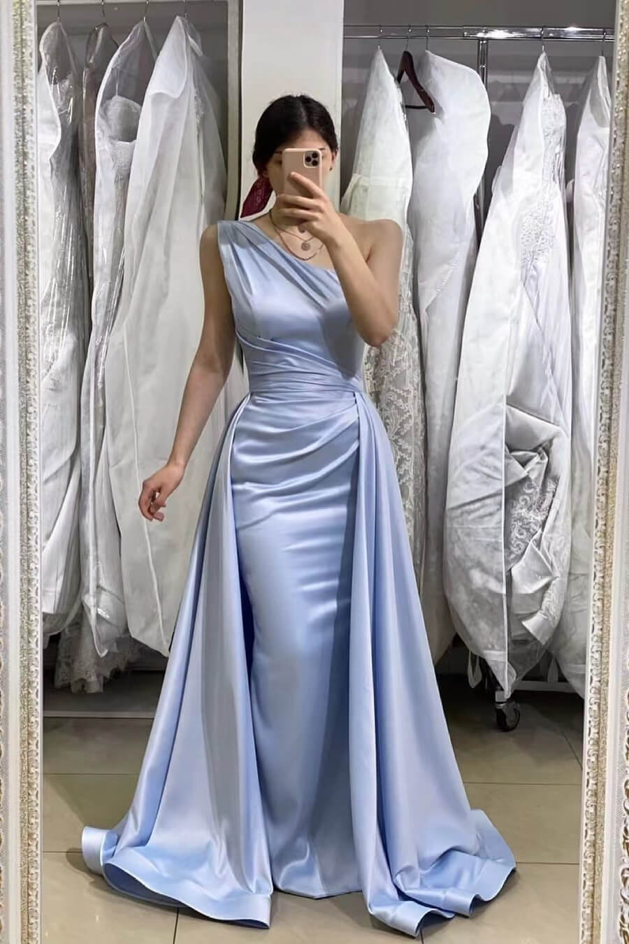 Light Blue Sleeveless Mermaid One Shoulder Long Prom Dress With Detachable Skirt