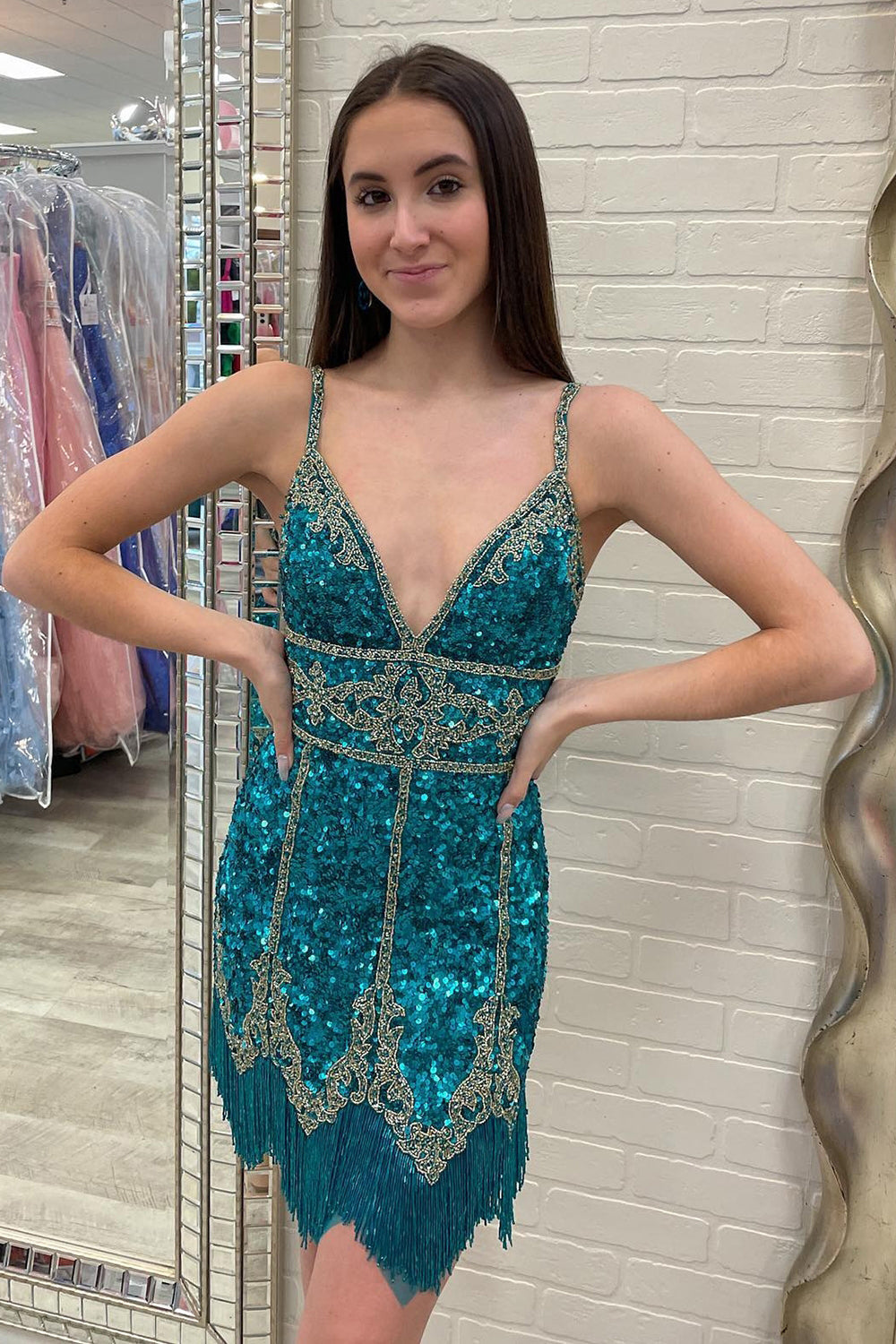 Turquoise Sequined Homecoming Dress With Fringes-BMbridal
