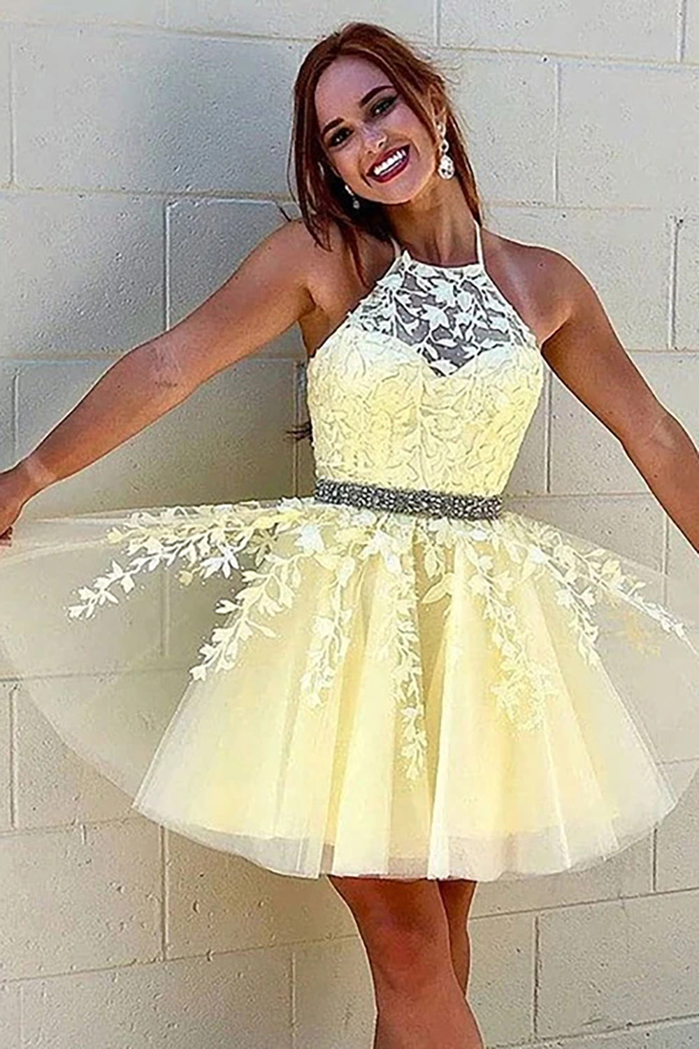 Yellow A Line Halter Backless Homecoming Dress-BMbridal
