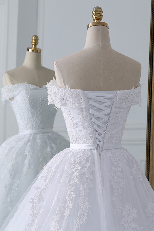 BMbridal Unique Off the Shoulder Appliques Lace Wedding Dress Ball Gown White A-line Bridal Gowns On Sale-BMbridal