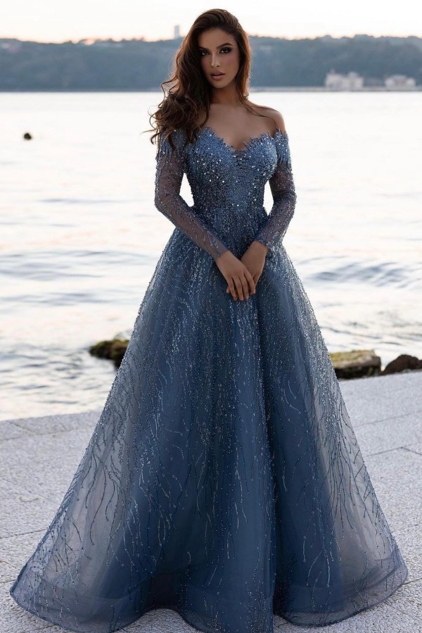 Bmbridal Dark Blue Long Sleeves Prom Dress Off-the-Shoulder With Beads