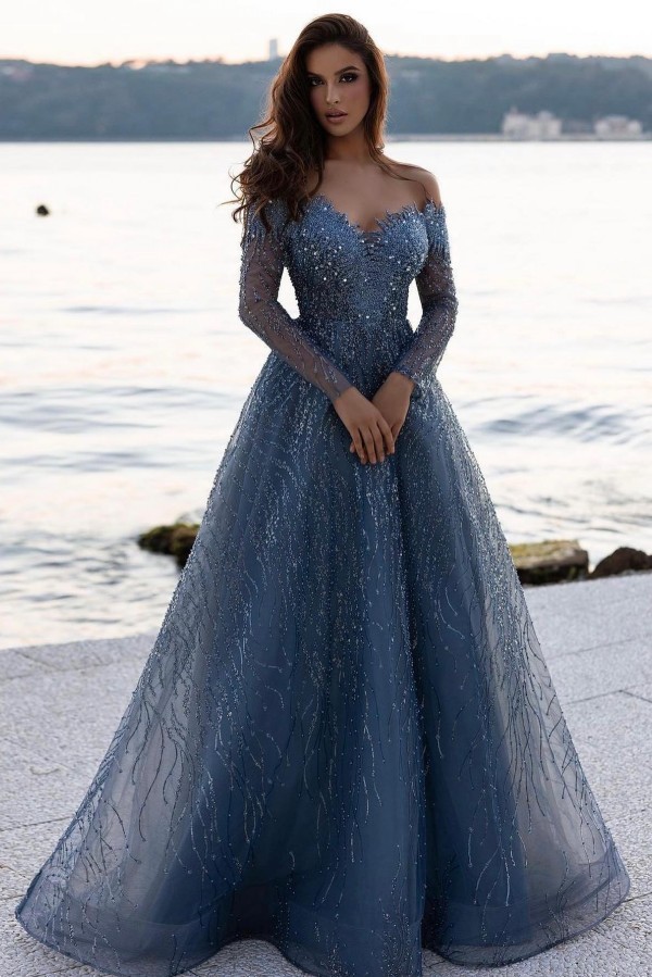 Bmbridal Dark Blue Long Sleeves Prom Dress Off-the-Shoulder With Beads