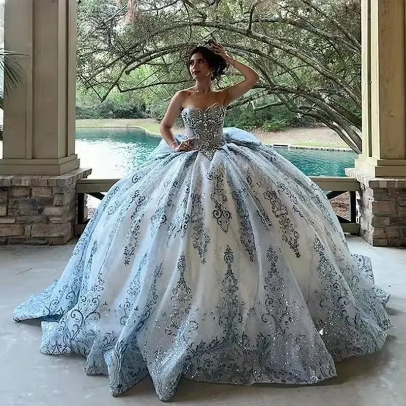 Dusty Blue Strapless Sweetheart Quinceañera Ball Gown with Crystal Embellished Bodice