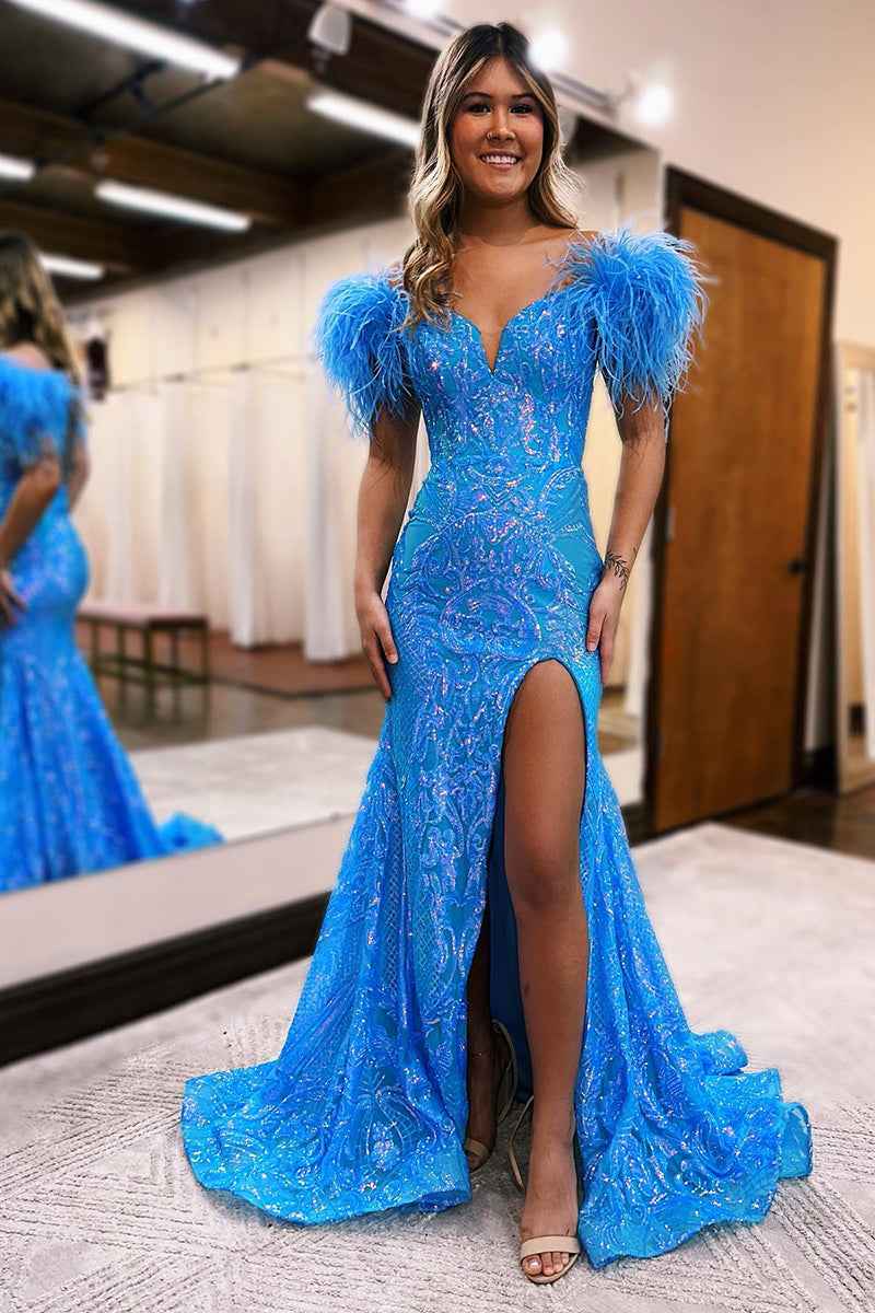 Glitter Royal Blue Mermaid Off the Shoulder Sequins Long Prom Dress with Feather
